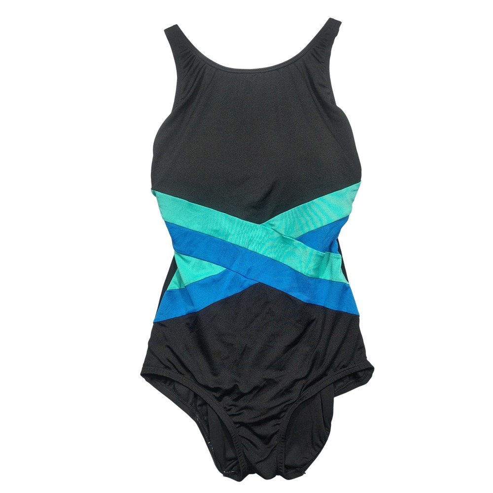 Gabar One Piece Swimsuit Womens 10D Colorblock Surplice Black Teal Blue